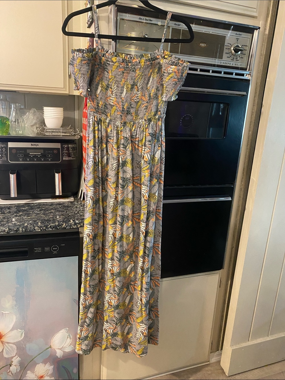 Smocked Tropical Print Maxi Dress in Gray and Yellow